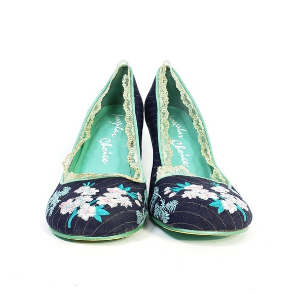 Irregular Choice Lace Trimmed Blue Pinstripe Heels - Picture 3 of 7